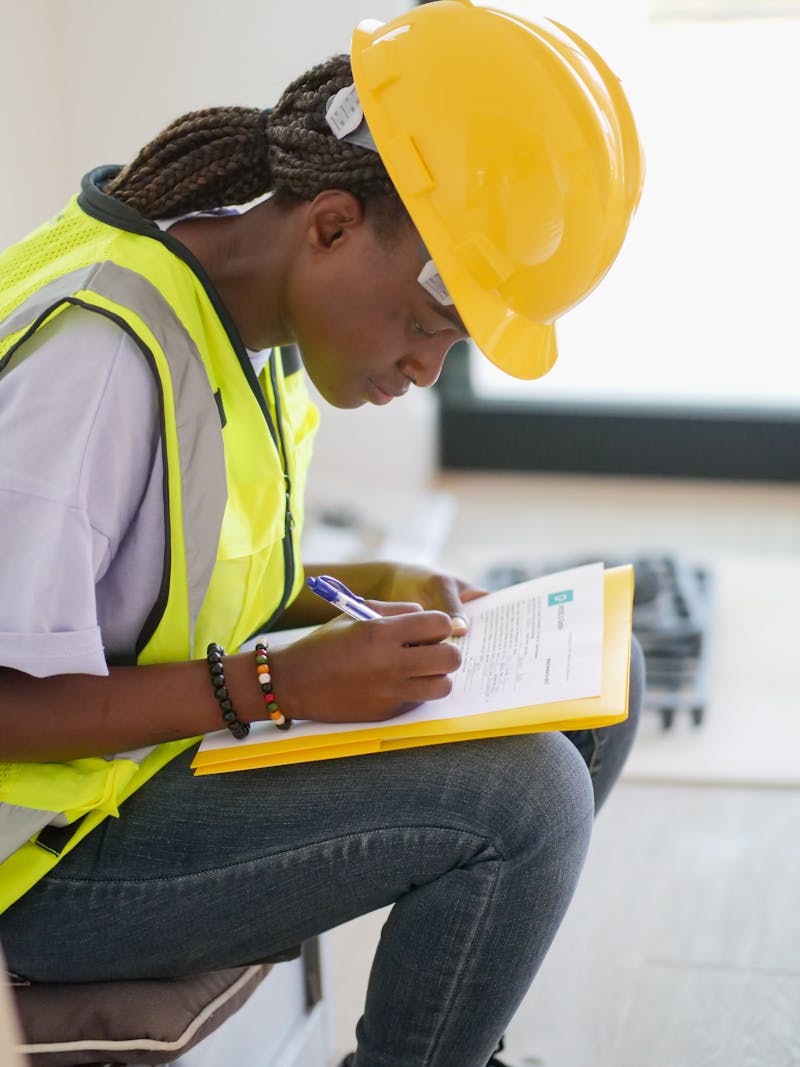 African woman engineer surveying on site